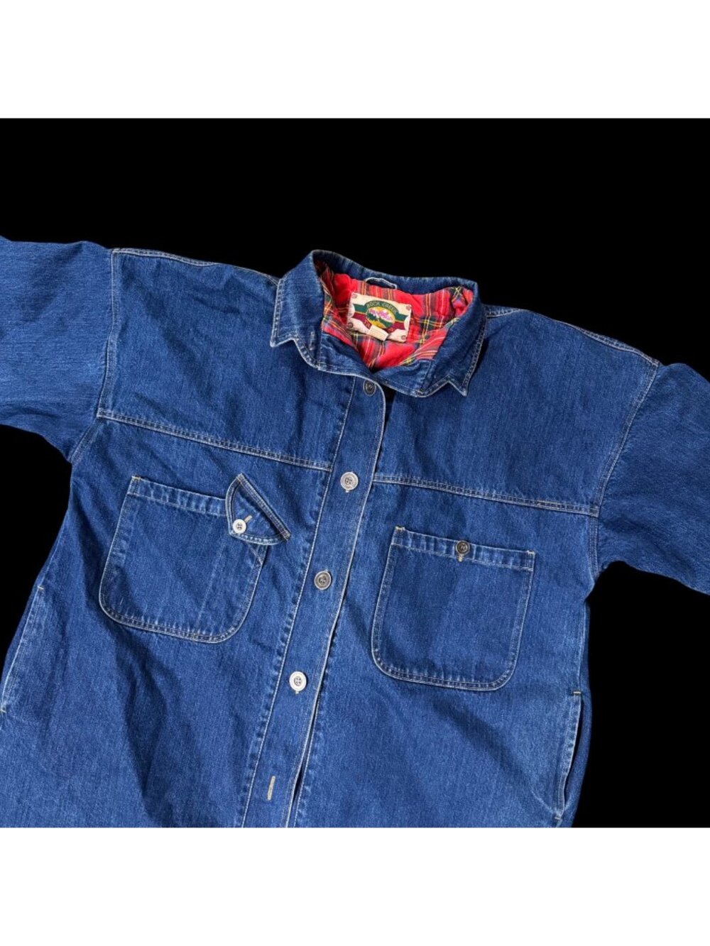 Vintage Denim Work Coat Barn Jacket Large Hong Kong 1990s Plaid Lining Blue Jean